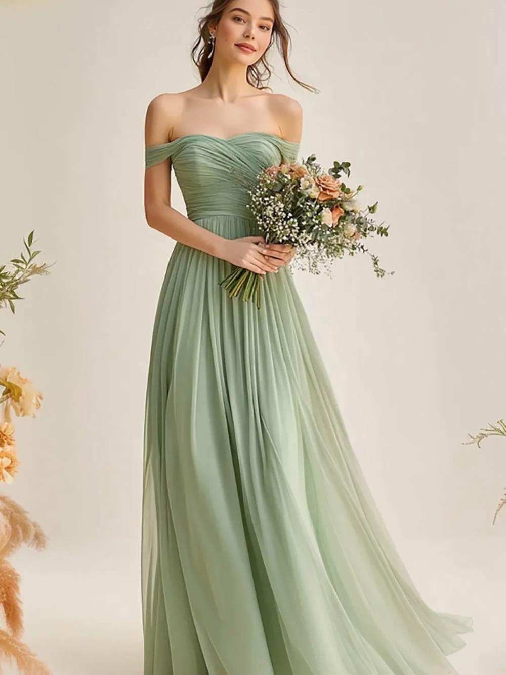 Elegant Sage Off-Shoulder Chiffon Evening Dress